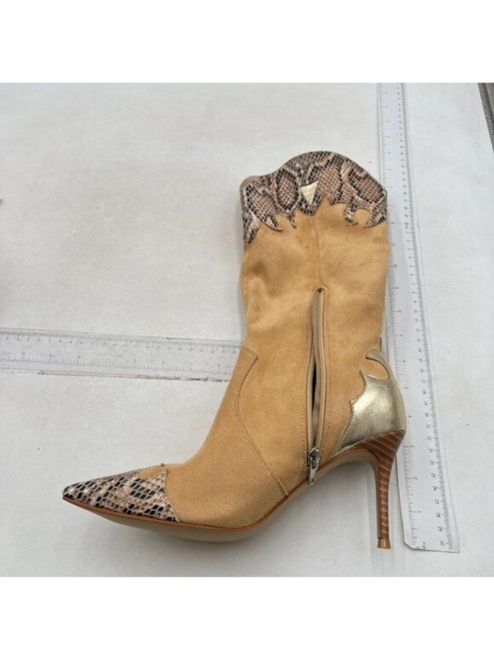 Women Fashion Pointed Toe Mid Calf Boots Stiletto High Heel Side Zipper Nude